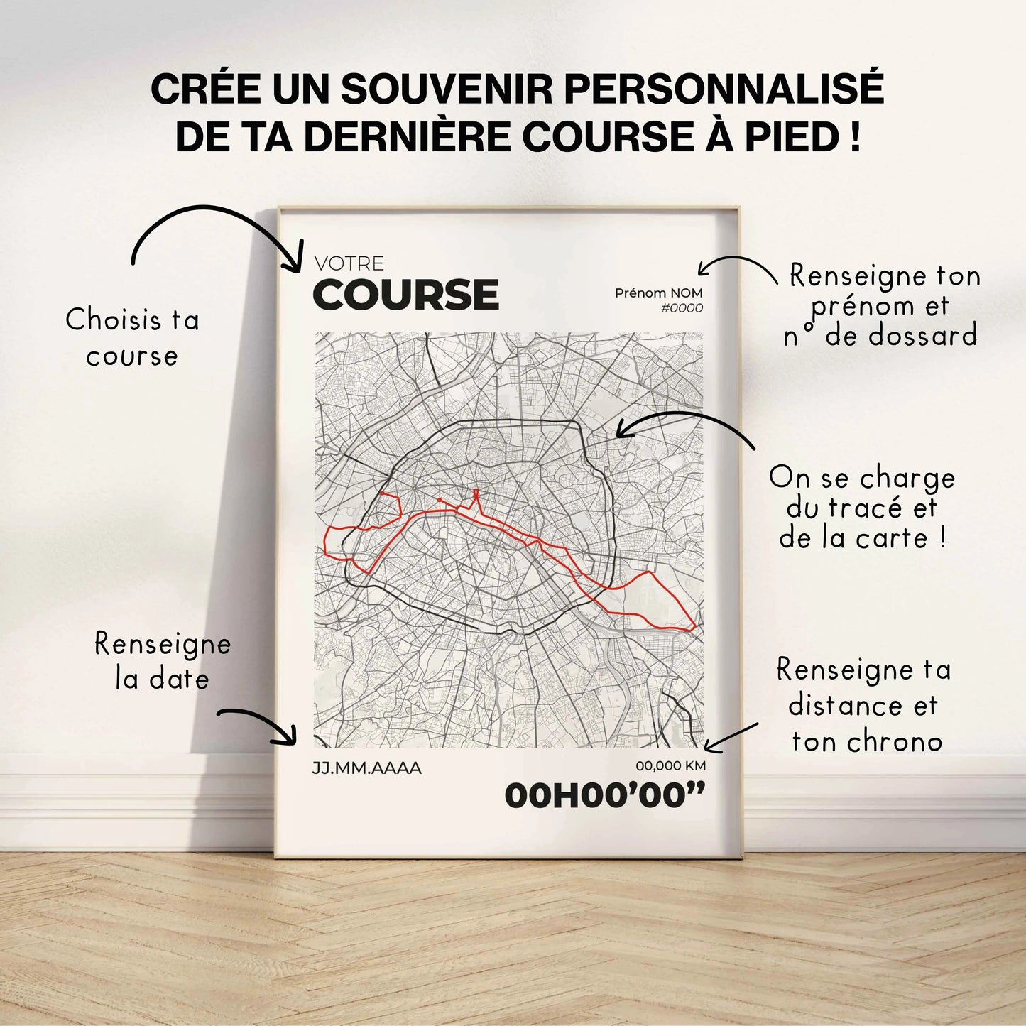 Affiche course à pied personnalisée | Cadeau marathon 10k trail | tracé de course Art of Pitch
