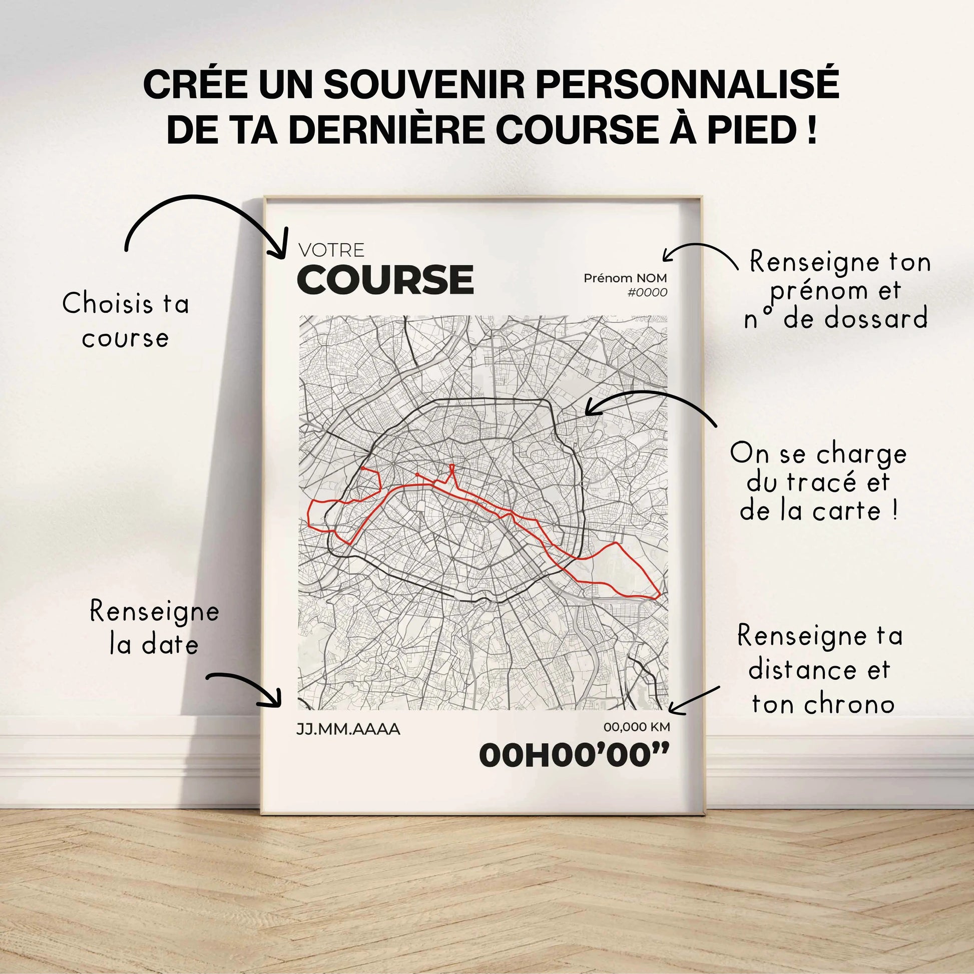 Affiche course à pied personnalisée | Cadeau marathon 10k trail | tracé de course Art of Pitch