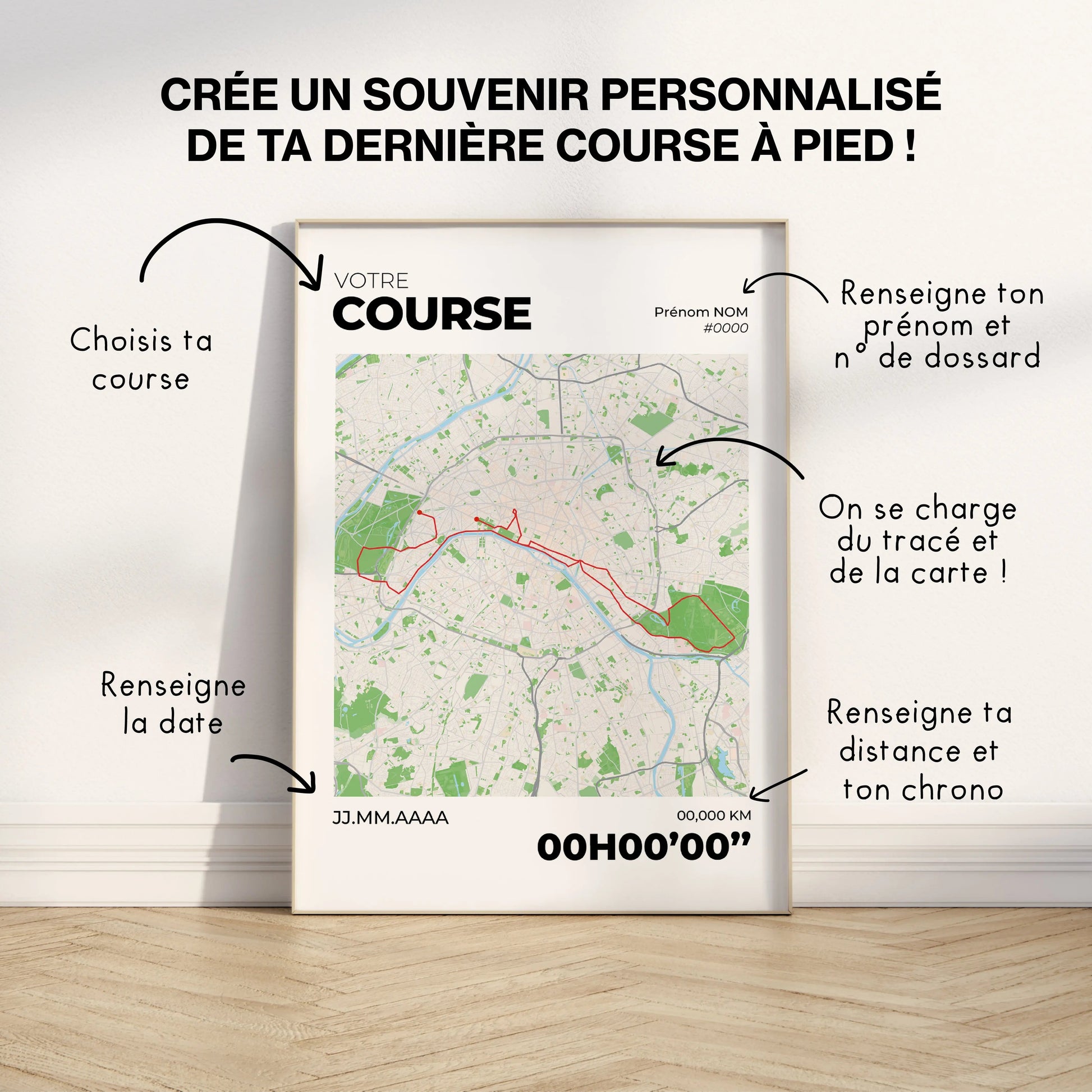 Affiche course à pied personnalisée colorée | Cadeau marathon 10k trail | tracé de course Art of Pitch