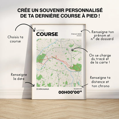 Affiche course à pied personnalisée colorée | Cadeau marathon 10k trail | tracé de course Art of Pitch
