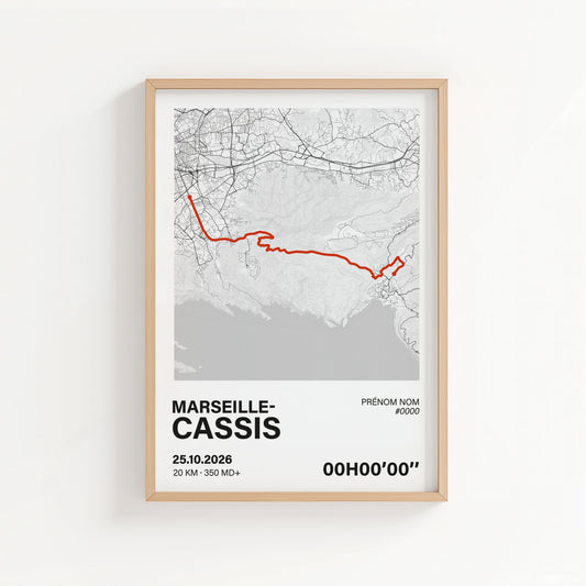 Affiche Marseille-Cassis 2026 personnalisée – Tracé, chrono et dossard Art of Pitch