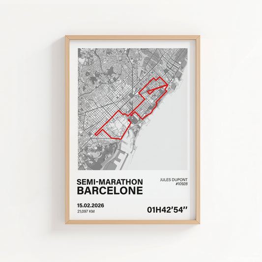Affiche personnalisée du Semi Marathon de Barcelone avec tracé officiel du parcours et chrono personnalisable