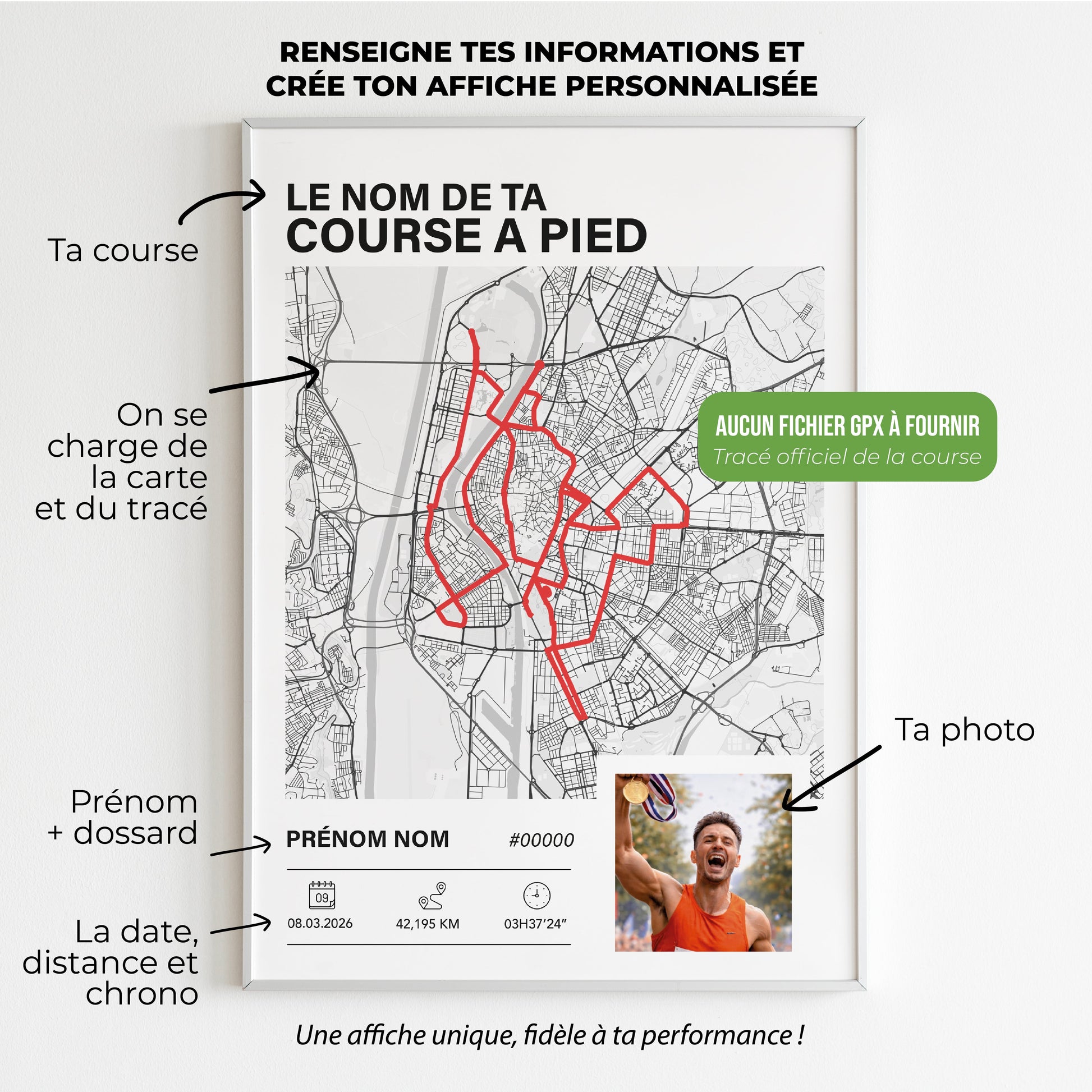 Affiche de course à pied personnalisé avec photo et parcours – Idée cadeau pour coureur Art of Pitch