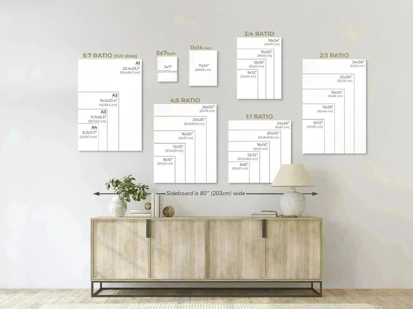 Comparatif des formats et dimensions disponibles pour les affiches de course personnalisées au-dessus d'un meuble.
